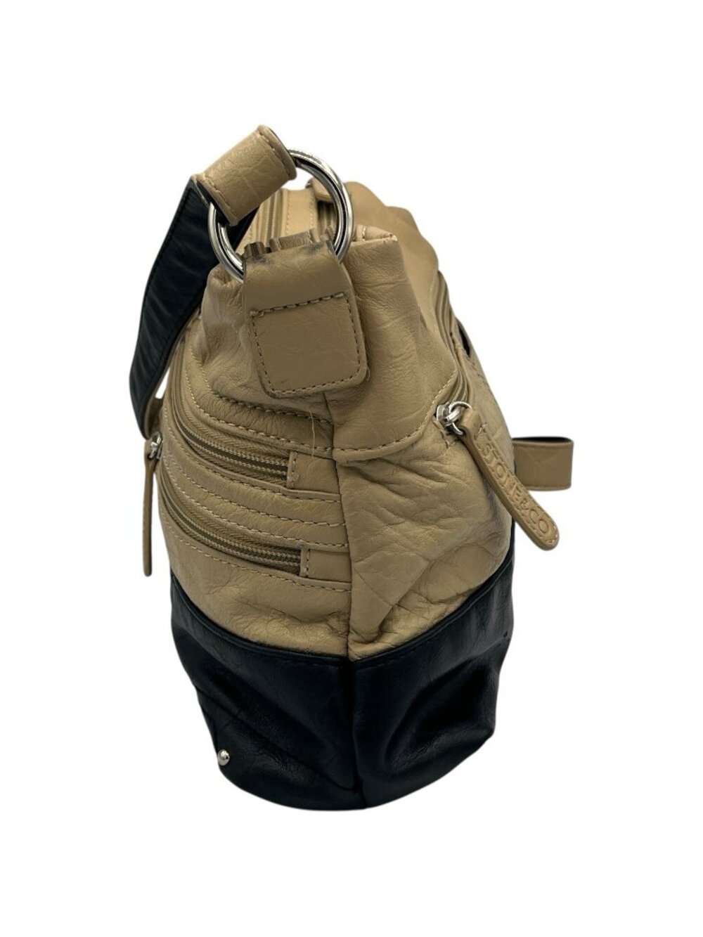 Stone & Co Cross Body Shoulder Bag Beige & Black Multi Zipper Faux Leather - Picture 5 of 16